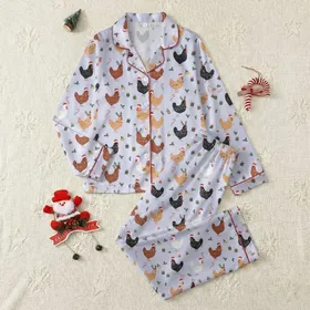 Women's Whimsical Lavender Christmas Chicken Santa Hat Holly Candy Cane Illustrative Pattern Satin Pajamas Set