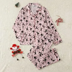 Athletic Women's Soft Pastel Pink Black Elegant Gymnastics Dance Silhouettes Dynamic Movement Pattern Satin Pajamas Set
