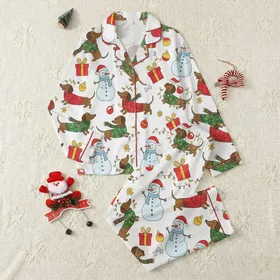 Festive Family's Whimsical Dachshund Snowmen Red Green Yellow Gift Box Candy Cane Pattern Satin Pajamas Set