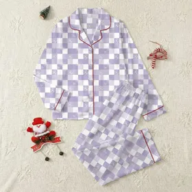 Women's Soft Lavender & White Gingham with Minimalist Daisy & Butterfly Line Art Satin Pajamas Set
