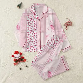 Women's Shabby Chic Fuchsia Rose Pastel Floral Panel Patchwork with Lace Scrollwork Satin Pajamas Set