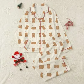 Women's Pale Cream Warm Brown Minimalist Cute Bear Pattern with Subtle Paw Prints Satin Pajamas Set