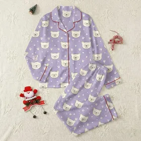 Cozy Aesthetic Fans Gentle Lavender Cable Knit Sleepy Bear Faces & Stars Pattern Satin Pajamas Set
