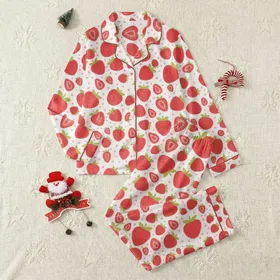 Women's Whimsical White Red Green Strawberry & Sliced Berry Pattern Pink Polka Dots Satin Pajamas Set