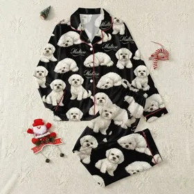 Maltese Dog Lovers' Detailed Fluffy White Maltese Black All-Over Pattern & Beige Gold Script Satin Pajamas Set