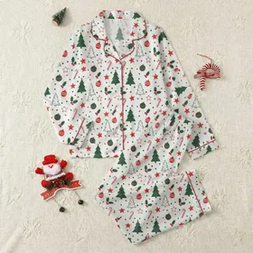 Women's Seamless Flat Graphic Christmas Tree Holly Candy Cane Star Ornament Polka Dot Pattern Red Green White Satin Pajamas Set
