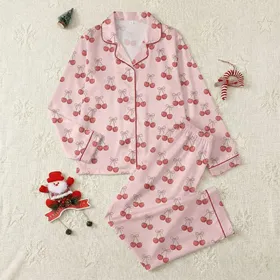 Women's Sweet Pale Blush Pink Hand-Drawn Cherry Red & Light Pink Bow Pattern Satin Pajamas Set