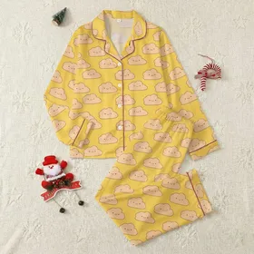 Women's Sunshine Yellow Peach Pink Happy Cloud Hand-Drawn Art Satin Pajamas Set