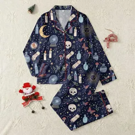 Women's Mystical Celestial Occult Pattern on Navy with Golden Moon, Crystal Ball, Witch Hat, Skull & Runes Satin Pajamas Set