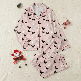 Women's Blush Pink Delicate Stylized Butterfly Pattern with Robin's Egg Blue and Peach Accents Satin Pajamas Set