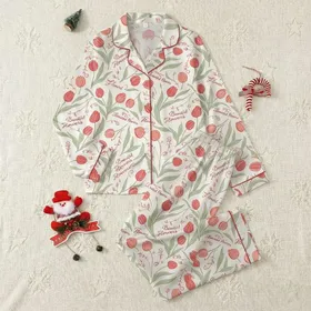 Women's Vintage-Inspired Hand-Drawn Spring Botanical Tulip Pattern Muted Red Coral Sage Green Cursive Satin Pajamas Set