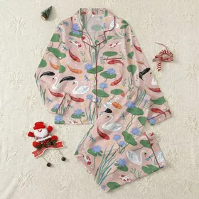 Women's Blush Pink, Green & Blue Koi Fish, Swan, Water Lily & Dragonfly Aquatic Garden Illustrative Pattern Satin Pajamas Set