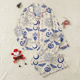Women's Cream & Royal Blue Illustrative Mystical Sun Moon Moth Snake Sacred Heart Pattern Satin Pajamas Set