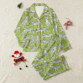 Women's Playful Lime Green White Black Illustrative Tiger All-Over Pattern Satin Pajamas Set