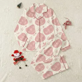 Women's Delicate Vintage Illustrative Cherry Blossom Botanical Inverted Pastel Pink & Cream Pattern with Subtle Scattered Dots Satin Pajamas Set