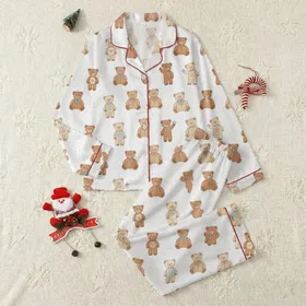 Women's Whimsical Hand-Drawn Teddy Bear Warm Brown Pastel Pink Blue Taupe Polka Dot Pattern Satin Pajamas Set