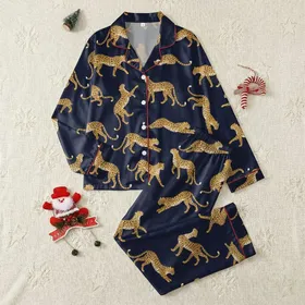 Women's Plus Size Deep Navy Golden Tan Stylized Leopard Dynamic Poses Satin Pajamas Set