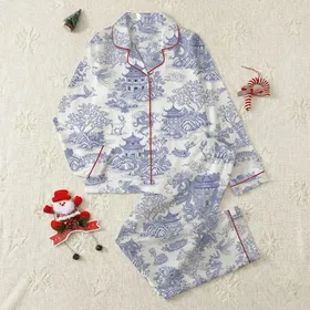 Women's Deep Cobalt Blue Chinoiserie Toile Asian Pagoda Dragon Phoenix Repeat Pattern Satin Pajamas Set