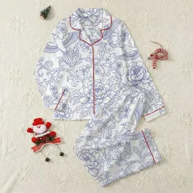 Women's Intricate Delft Blue Chinoiserie Peony & Flying Bird Seamless Pattern Satin Pajamas Set