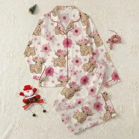 Whimsical Style Lovers' Pale Cream Fluffy Highland Cow Pink Rose Blossom & Butterfly Pattern Satin Pajamas Set