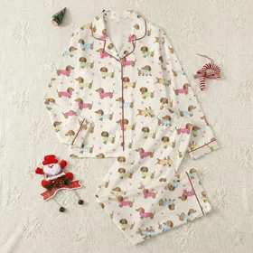 Women's Light Cream Playful Cartoon Dachshund Dog Hot Pink Stripes Pastel Blue Plaid Pattern Satin Pajamas Set