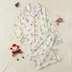 Women's Whimsical Naive Creamy Off-White Ducks & Geese Dusty Blue Golden Yellow Moon Star Pattern Satin Pajamas Set