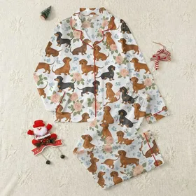 Women's Playful Dachshund Dog & Blush Peach Rose Garden Pattern, Sage Green Foliage Satin Pajamas Set