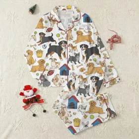 Dog Lovers' Whimsical Scattered Dog Breeds & Pet Toy Pattern White Black Brown Tan Satin Pajamas Set