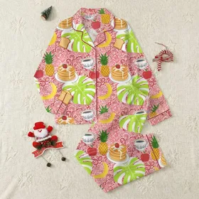 Women's Vintage Illustrative Monstera Leaf & Breakfast Motif in Rose Pink Lime Green Yellow Ruby Red Satin Pajamas Set
