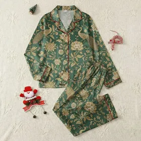 Women's Emerald Green Intricate Stylized Peacock Gold Tan Ivory Floral Classic Pattern Satin Pajamas Set
