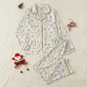 Lavender Purple Tulips Olive Green Leaves Botanical Pattern on Cream Satin Pajamas Set