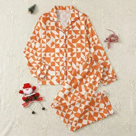 Dynamic Fragmented Geometric Mosaic: Orange White Interlocking Shapes Satin Pajamas Set