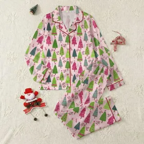 Whimsical Christmas Trees: Folk Art Polka Dot & Striped, Evergreen Sprigs, Pastel Pink Pattern Satin Pajamas Set