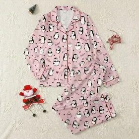 Coffee & Cozy Fans' Whimsical Pastel Pink Penguin Mug & Heart All-Over Print Satin Pajamas Set