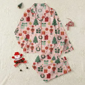 Women's Whimsical Hand-Drawn Nutcracker Christmas Tree Wreath Gift Box Festive Pattern on Blush Pink Satin Pajamas Set