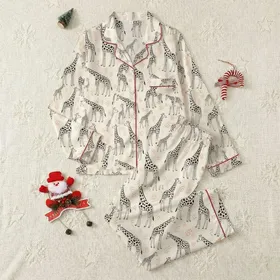 Women's Whimsical Hand-Drawn Adult & Baby Giraffe Pattern with Black Outlines, Cream Off-White & Burnt Orange Accents Satin Pajamas Set