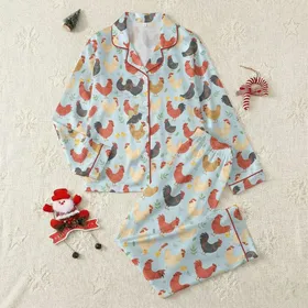 Women's Playful Farm Chicken & Chick Pattern, Sky Blue, Terracotta Red, Cream, Yellow, Spring Green, Cartoon Style Satin Pajamas Set