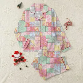 Women's Cheerful Pastel Pink Orange Blue Patchwork Floral Geometric Mosaic Satin Pajamas Set