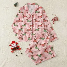 Women's Festive Rose Pink Gingham Christmas Dachshund Sweater & Candy Cane Print Satin Pajamas Set