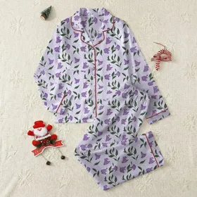 Women's Illustrative Purple Trumpet Flower Deep Green Leaf Pale Lavender Botanical Design Satin Pajamas Set