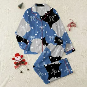 Women's Minimalist White Bow Heart Star Pattern on Organic Blue Gray Black Blocks Satin Pajamas Set