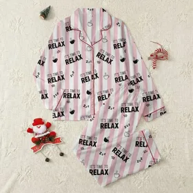 Women's Light Pink White Stripe 'IT'S TIME TO RELAX' Black Typographic Motif Satin Pajamas Set
