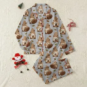 Coffee Lovers' Whimsical Coffee Gnomes & Beans Pattern with Steaming Cups, Knitted Hats, Heather Gray & Espresso Brown Satin Pajamas Set