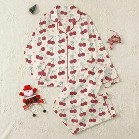 Women's Whimsical Deep Red Cherry & Teal Leaf Pattern with Cute Faces, Pink Hearts, Off-White Satin Pajamas Set