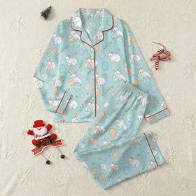 Vintage Children's Book Bunny & Pastel Easter Egg Motif - Sky Blue Satin Pajamas Set