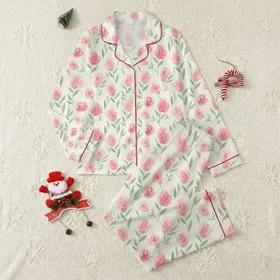 Girls' Light Cream Abstract Watercolor Blush Pink Floral Sage Green Hand-Drawn Pattern Satin Pajamas Set