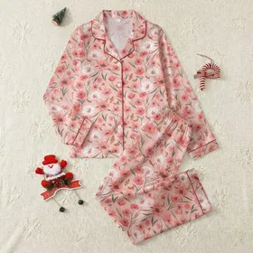 Women's Blush Pink Painterly Rose & Coral Floral with Grey Accents and Brown Butterflies Satin Pajamas Set
