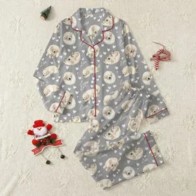 Women's Medium Heather Gray Realistic Golden Retriever Puppy All-Over Pattern with White Hearts & 'Love' Script Satin Pajamas Set