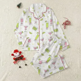 Women's Whimsical Hand-Drawn Pink Green Cocktail Glass Lime Wedge White Pattern Satin Pajamas Set