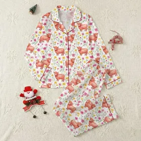 Women's Whimsical Watercolor Highland Cow Wildflower Coral Fuchsia Yellow Mint Tapestry Satin Pajamas Set